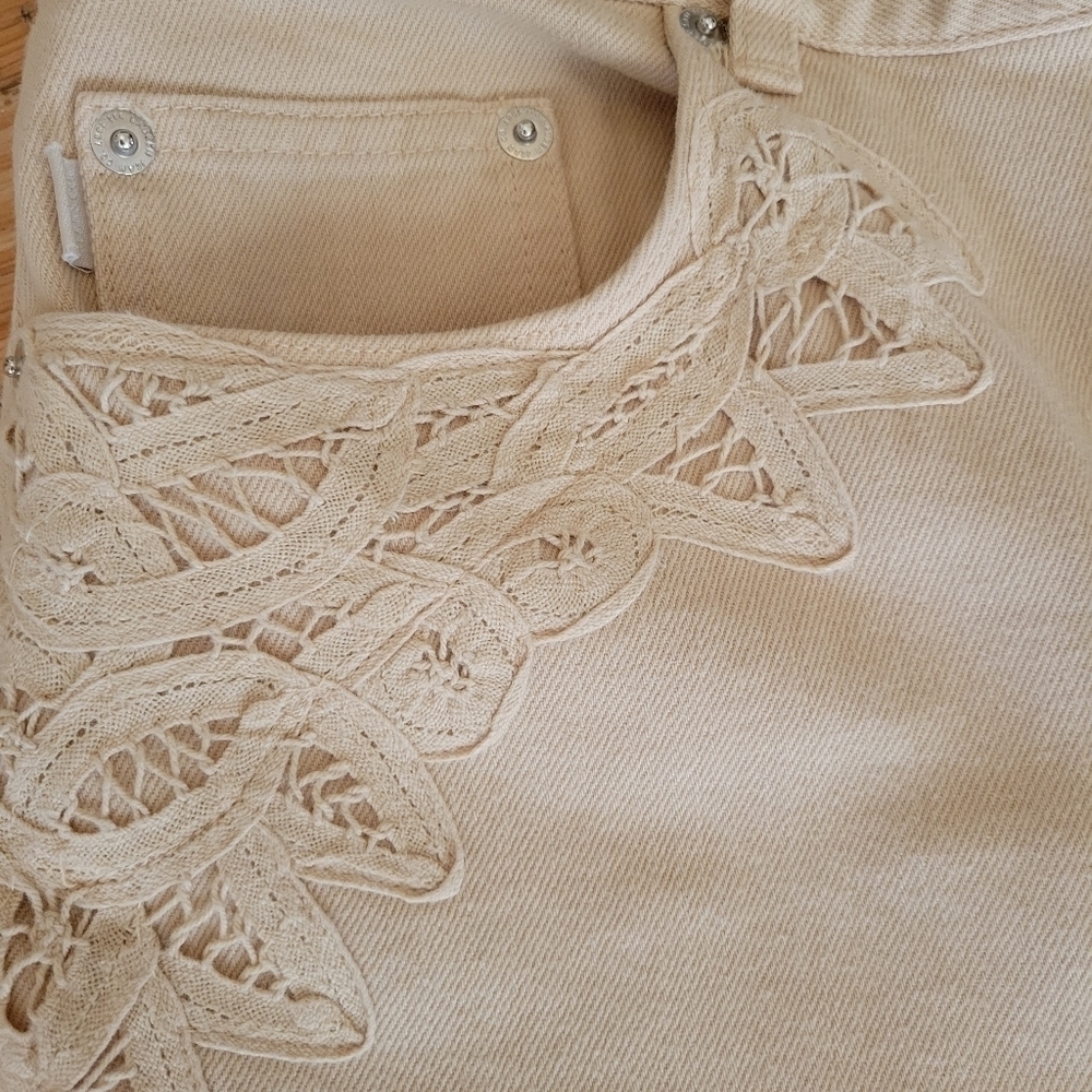 Vintage Y2K Lauren by Ralph Lauren Tan Lace Inset Jeans Size 12P - Picture 5 of 6